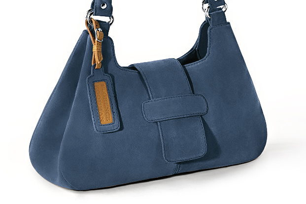 Denim blue women's dress handbag, matching pumps and belts. Front view - Florence KOOIJMAN